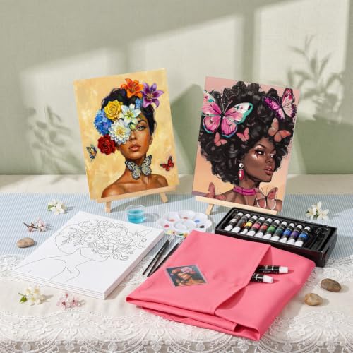 Cholemy 6 Set Paint and Sip Kit for Adults 8"x 10" Pre Drawn Canvas Painting with Wooden Easel Acrylic Paint Wash Cup Brushes Palette Apron for Painting DIY Adult's Date Party Supplies(Flower Lady) - style: Flower Lady