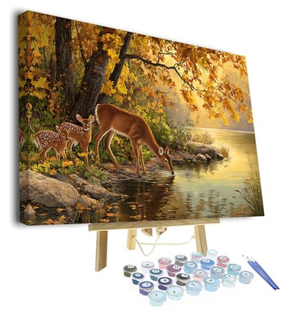 TUMOVO Paint by Numbers Kit for Adults, Adult Paint by Number Kits - Lake Deer Scene, Herd of Deer Drinking at Lake Shore Nature Landscape on Canvas, Relaxing DIY Project, 16x20 Inch(Framed) - color: Deer(Framed)