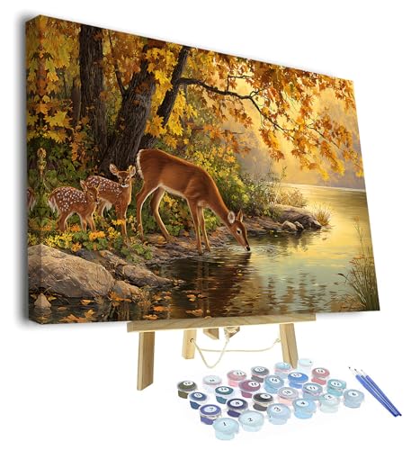 TUMOVO Paint by Numbers Kit for Adults, Adult Paint by Number Kits - Lake Deer Scene, Herd of Deer Drinking at Lake Shore Nature Landscape on Canvas, Relaxing DIY Project, 16x20 Inch(Framed) - color: Deer(Framed)