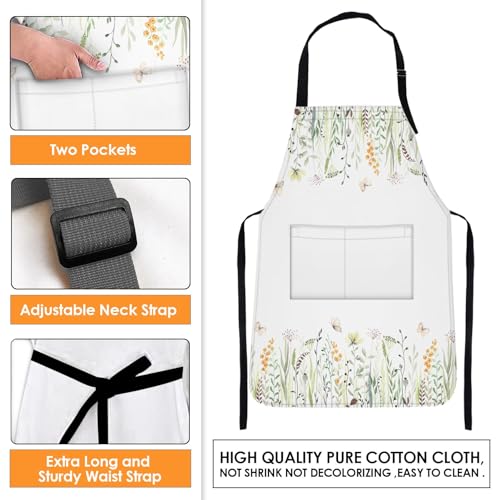 Britimes Apron with Pockets, 32x28 inch, for Women Men, Wild Flowers - color: Eucalyptus