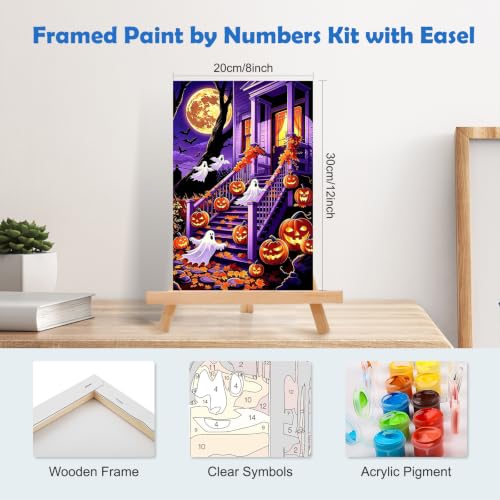 MOGTAA Halloween Paint by Numbers Kit for Adults Beginners with Frame, Ghost Adult Paint by Number Kits on Canvas with Easel, Easy DIY Pumpkin Oil Painting Kits for Home Decor, 8x12in - color: Ghost-01