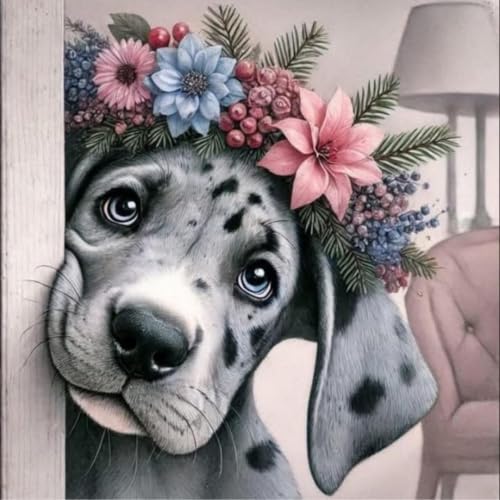 Anuver Diamond Painting Kits for Adults Dog, Round Diamond Art Kits for Beginners, 5D DIY Full Drill Crystal Gem Painting Kits for Home Wall Decor 12x12Inch, Animal