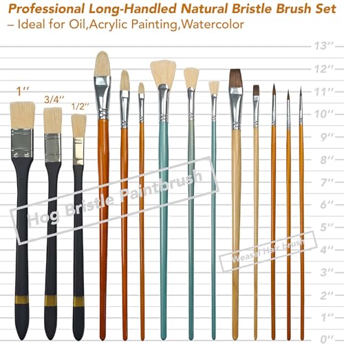 14 Paint Brushes Set with Brush Holder, Includes Hog Bristle & Weasel Hair Brushes for Oil, Acrylic, and Watercolor, Rotating Metal Clamp Convenient Storage and Positioning During Painting