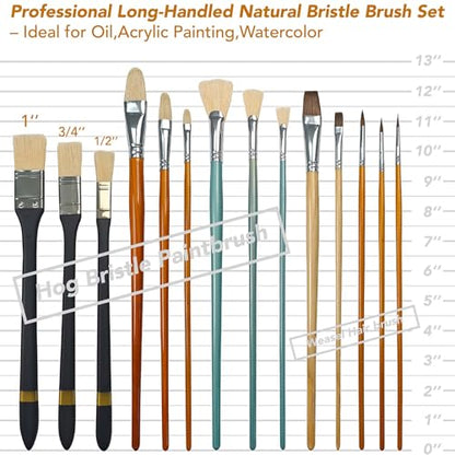14 Paint Brushes Set with Brush Holder, Includes Hog Bristle & Weasel Hair Brushes for Oil, Acrylic, and Watercolor, Rotating Metal Clamp Convenient Storage and Positioning During Painting