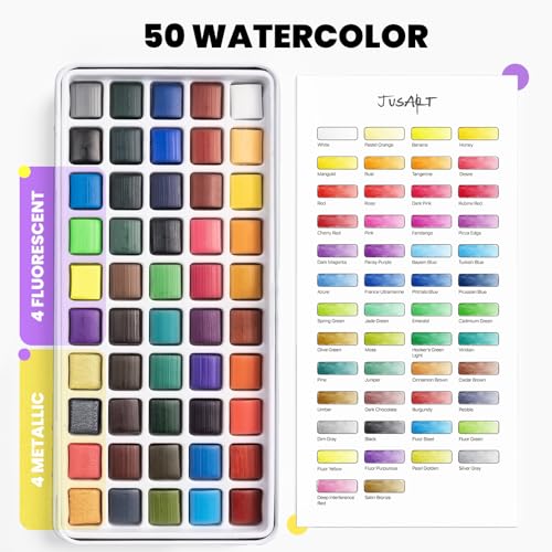 JusArt 50 Colors Watercolor Paint Set,Art Supplies Portable Paint Art Kit | Detail Painting Brushes, Water Brush Pens, Portable Travel Watercolor Painting Set for Adult, Artists, Professionals