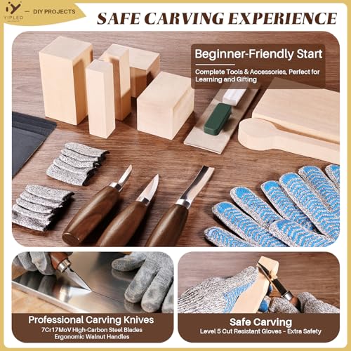 Wood Carving Kit for Beginners, Wood Carving Tools with 3Pcs Whittling Knife 7Pcs Basswood Carving Blocks, Grade 5 Anti Cutting Gloves, Leather Strop, Polishing Compound, Entry-Level Carving Gift Set