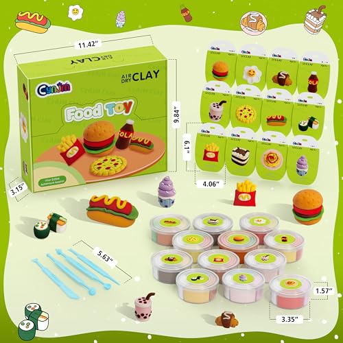 CyaJm 12 Fast Food Air Dry Clay Kit, Individual Packs, Kids 3+ with Tools | Ultra-light, soft. Includes tools & guide. DIY craft gift for kids ages 3+ - color: food