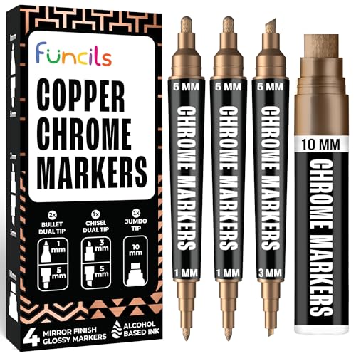 Copper Paint Pen - 4 Liquid Chrome Paint Markers (1mm, 3mm, 5mm, 10mm) | Permanent, Reflective, Mirror Effect, Metallic Copper Paint Markers for Metal, Glass, Resin Art, DIY Crafts, Model Touch Up - color: 1, 3, 5, 10MM - Copper