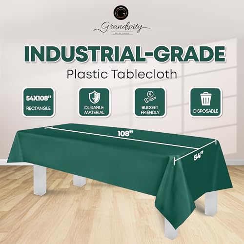 Grandipity Plastic Table Cloth Disposable 12 Pack 54” x 108” Rectangle | Dark Green Plastic table covers, durable disposable tablecloths, fade and tear-resistent table cover for party, event - color: Dark Green, size: 54in. x 108in. Rectangle