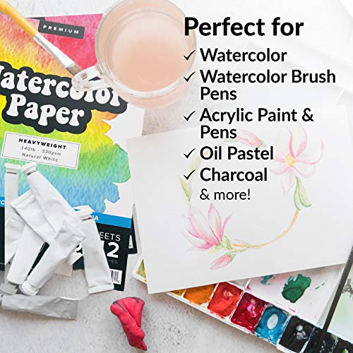 Watercolor Paper Pad, 2 Pack, 140lb Cold Pressed White Heavy Paper for Watercolor Painting, Markers, and Pens, 9" x 12", 15 Large Sheets Each, Ideal for Artists and Sketching - size: 9" x 12"- 2 Pack