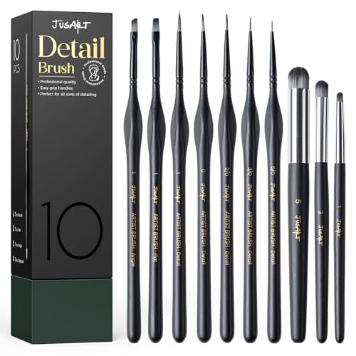 JusArt 10-Piece Detail Paint Brush Set, Miniature Paint Brushes for Models, Acrylic Oil Watercolor, Professional Fine Detail Brushes for Adults & Miniature Painters