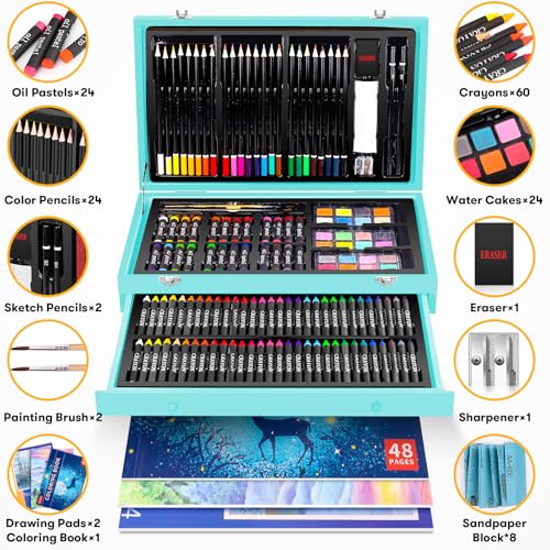 iBayam 150-Pack Deluxe Art Supplies with 1 Coloring Book, 2 Sketch Pads | All-in-one art kit with pencils, pastels & watercolors in a wooden case. Safe, non-toxic, perfect for kids & adult beginners. - color: Teal