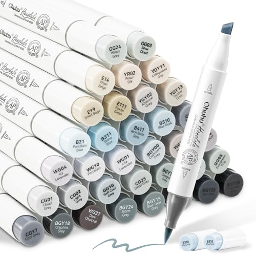Ohuhu Alcohol Markers Brush Tip Grey-tone-Dual Tips Alcohol Based Art Marker Set for Artist Adults' Coloring Illustration Shading-36 Grayscale Colors w/ 1 Blender-Fine&Brush-Honolulu B (Chisel&Brush) | AP Certified Refillable Art Marker for Adults Colorin