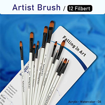 Falling in Art 12 PCS Professional Filbert Paint Brushes Set | Artist Brushes for Watercolor, Oil Painting, Acrylic, Face Body Nail Art, Crafts, Rock Painting - size: 12 Pcs Filbert Nylon