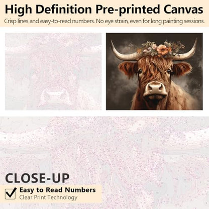 TUMOVO Highland Cow Paint by Numbers for Adults Beginner | Unframed easy to follow farm animal DIY arts craft 16"x20" highland cattle with the flower oil painting kits on canvas