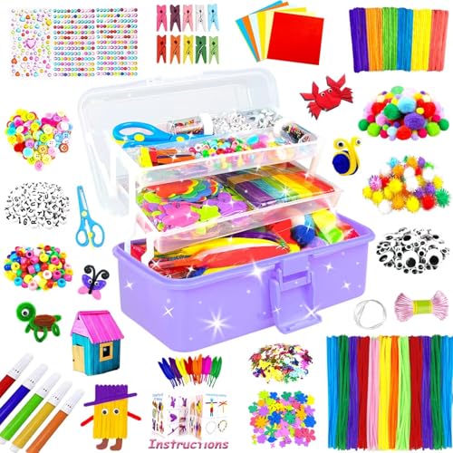 3000 Arts and Crafts Supplies for Kids Craft Kit All in 3 Layered Craft Box with Pipe Cleaners Crafts for Kids Age 4-6, 6-8, 8-12 DIY School Supplies Materials Set Toys Gifts for Girls Boys, Purple - color: purple