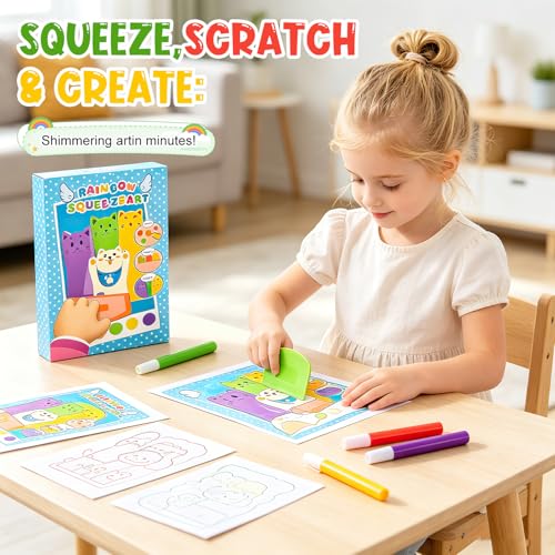 Rainbow Squeeze Art Kit, Creative Squeegee Painting Kit DIY Postcards Scratch Art Party Favors Novelty Birthday Gifts,2026 Upgrade Magic Rainbow Scratch Paper Art Set (B)