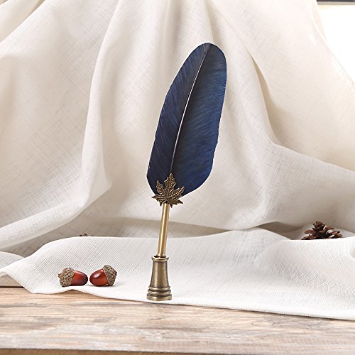 OPENDGO Feather Quill Pen Set with Ink Antique Feather Copper Pen Stem Calligraphy Set Quill Pen Writing Quill Ink Dip Pen with 5pcs Nibs in Different Size - color: Navy
