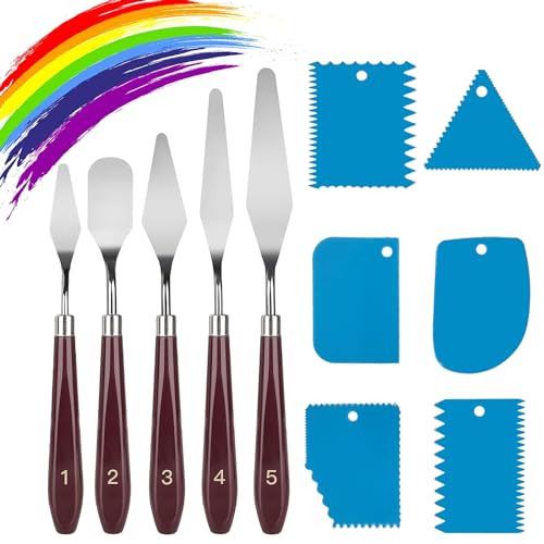 11 Pcs Palette Knife Set, 5 Pcs Stainless Steel Palette Knives and 6 Pcs Plastic Scrapers, Painting Accessories for Oil Acrylic Canvas Painting Color Mixing Thick Paint Applications (Blue)