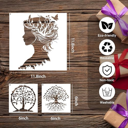 AFRTIEE Tree of Life Stencil Painting - 10 Pieces Large Nature Stencils for Crafts Reusable Wood Burning Drawing, Leaf Butterfly Plastic Painting Template for DIY Home Floor Fireplace Wall Decoration - style: Tree of Life Stencil
