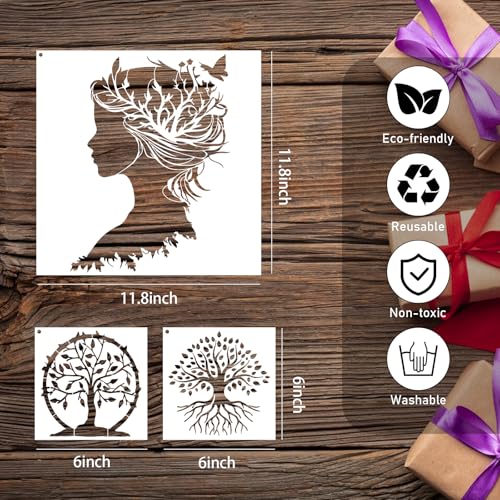 AFRTIEE Tree of Life Stencil Painting - 10 Pieces Large Nature Stencils for Crafts Reusable Wood Burning Drawing, Leaf Butterfly Plastic Painting Template for DIY Home Floor Fireplace Wall Decoration - style: Tree of Life Stencil