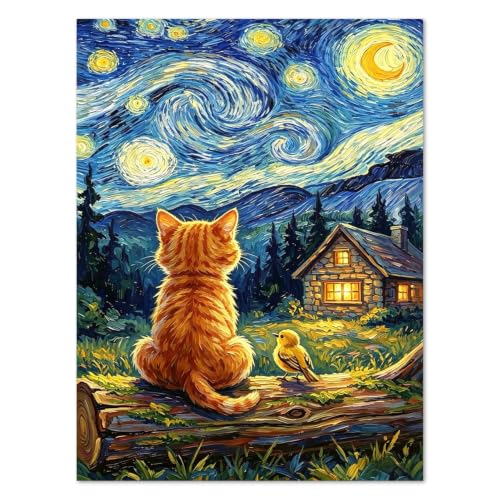 WULINHUAFA Cat Diamond Painting Kits for Adults 12x16 inch | Starry Night Diamond Art Kits for Beginner, 5D Full Round Drill Gem Art Painting Kits for Home Wall Decor - color: Cat
