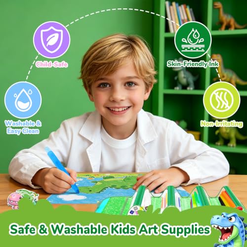 DreamyCandy 72 Pcs Washable Markers Set for Kids 4-8, Dinosaur Art Set Gift - color: Green Dinosaur