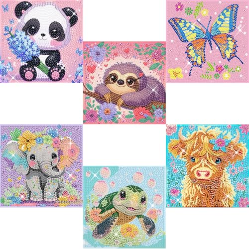 6 Pack Diamond Art Kits for Kids Teens, Diamond Painting for Kids 6X6 Inch | Cartoon Animals Diamond Painting Kit for Kids Beginners, Gem Art Easy DIY Kids' Mosaic Kits Jewel Art Girls Boys Dots Crafts - color: DPKK-3