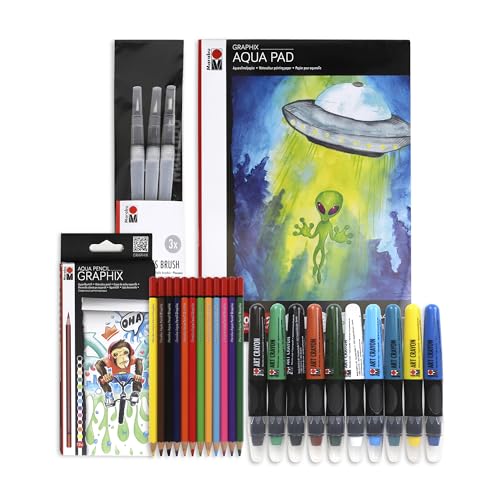 Marabu Mixed Media Drawing Set - 20 Sheets Watercolor Paper, 12 Watercolor Pencils with 10 Watercolor Crayons and Water-Fillable Brush Set - The Ultimate Landscape Adventure