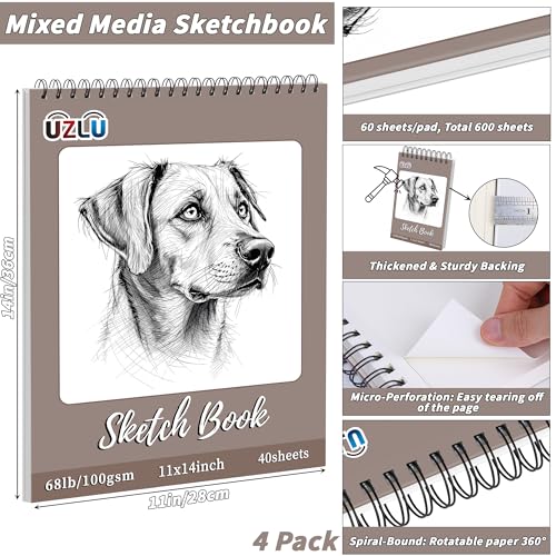 4 Pcs Sketch Books Bulk 11 x 14 in 160 Sheets Top Spiral Bound Sketch Pad Drawing Paper 40 Sheets Each Acid Free Mixed Media Sketchbook 68lb/100gsm Art Supplies for Beginner Artist - size: 11x14in