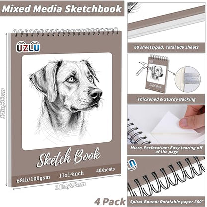 4 Pcs Sketch Books Bulk 11 x 14 in 160 Sheets Top Spiral Bound Sketch Pad Drawing Paper 40 Sheets Each Acid Free Mixed Media Sketchbook 68lb/100gsm Art Supplies for Beginner Artist - size: 11x14in