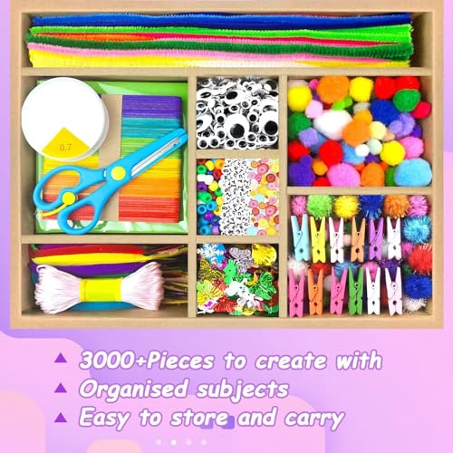 VLUSSO 3000Pcs DIY Arts and Crafts Supplies Kit for Kids - Kids Craft Kits Art Supplies Material Set with Pipe Cleaner All in 1 Crafts Activity Gifts Toys for Girls Boys Age 4-6, 6-8, 8-12 Years - size: 3000pcs