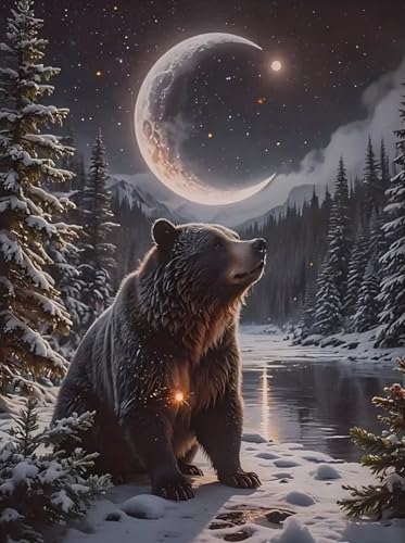 WCHUIMM 5D Bear Diamond Art Kits for Adults, Paint with Diamond Painting Animal DIY Full Round Drill Kits, Embroidery Rhinestone Diamond Crystal Craft Canvas Home Wall Decor 12X16 Inch - color: Bear and Moon
