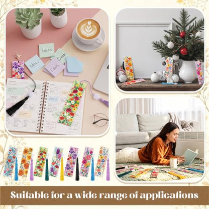 Reallnaive 42 Pcs Wooden Flower Bookmarks DIY Painting Set Includes 15 Unfinished Blank Bookmarks 15 Tassels 12 Markers for Flower Gift Arts Craft Party for Adults Hobby - style: Flower
