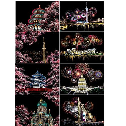 DESINIK Scratch Painting Art for Adults -Scratch Painting Foil Art for Adults, Scratchboard Set(A4) with 4 Tools & 8 Sheets,City Series Creative Gifts(Sakura) - color: Sakura