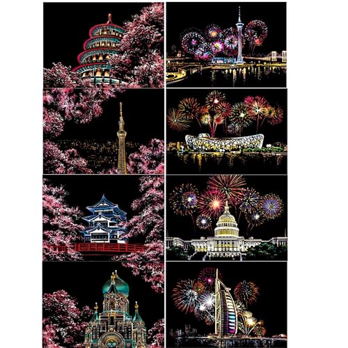 DESINIK Scratch Painting Art for Adults -Scratch Painting Foil Art for Adults, Scratchboard Set(A4) with 4 Tools & 8 Sheets,City Series Creative Gifts(Sakura) - color: Sakura