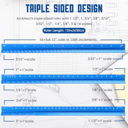 Macarrie 10 Pcs Architectural Scale Ruler 12" Architect Engineers Scale Triangular Ruler Set Aluminum Metal Rulers with Imperial Measurements for Architect School Student Draftsman Engineer (Blue) - color: Blue