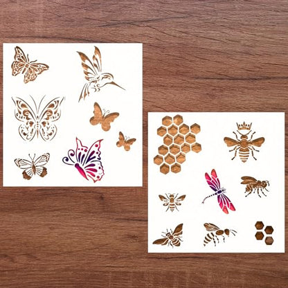 Set of 2 Butterflies and Bee Stencils - Stencils for Painting on Wood, Walls, Art Projects, Furniture, Fabric and More - DIY Bee and Butterfly Stencil for Crafts Reusbable - Each Stencil 7"x7" - color: Butterflies/Bees 7"x7"