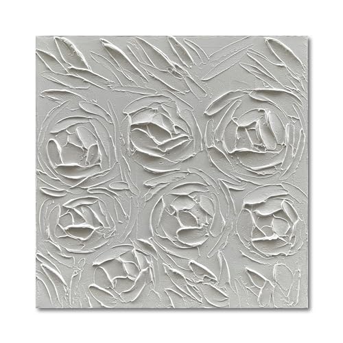 Art Hand-Painted Abstract Three-Dimensional Textured Art Oil Painting of White Roses, 24x24 inches. Modern Minimalist Style Art. Suitable for Wall Decoration in Home Offices - color: Yi128