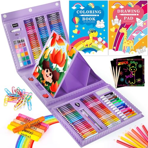 iBayam 251-Pc Art Kit – Easel, Sketchbook, Scratch Paper, Crayons & Pencils | Double Sided Trifold Easel, Oil Pastels, Crayons, Colored Pencils, Watercolor Pens Gift for Girls Boys Artist Beginner - color: Purple