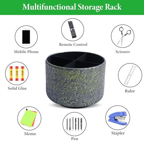 Round Leather Art Supply Organizer,Remote Control Holder,360 Degree Spinning,Multi-Functional Pencil Holder,4 Compartments Desktop Stationary Organizer(1-Carved Metal Green2) - color: 1-Carved Metal Green2