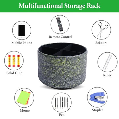 Round Leather Art Supply Organizer,Remote Control Holder,360 Degree Spinning,Multi-Functional Pencil Holder,4 Compartments Desktop Stationary Organizer(1-Carved Metal Green2) - color: 1-Carved Metal Green2