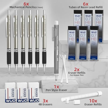 WUO 0.7 mm Mechanical Pencil Set with Eraser Pen Storage Case, 6 PCS | Metal Drafting Pencils, 360 HB Lead Refills, 3x4B Erasers, 12 Eraser Refills for School Artist Writing Drawing Sketching - color: Black 5 - 0.7mm (6 Pack)
