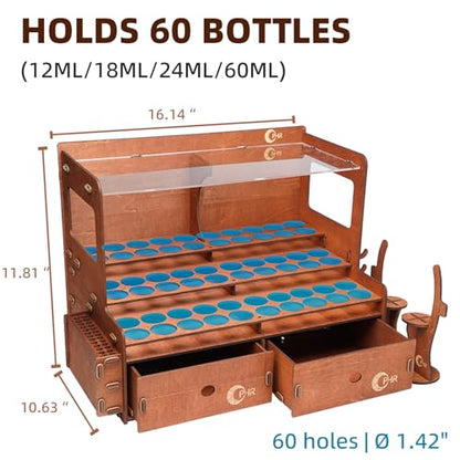 OPHIR Wooden Paint Rack for 60 Bottles with 2 Brush Holders & 2 Drawers - size: 1.42"-60 Hole