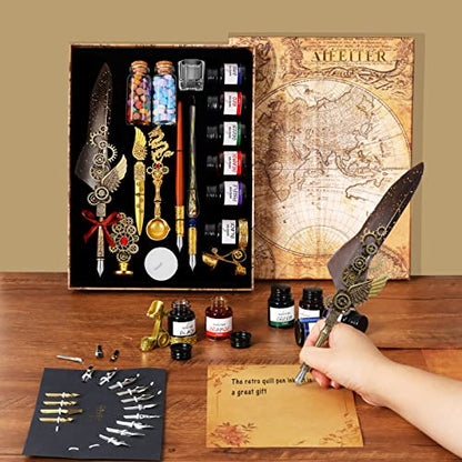 Aifeiter Feather Pen Ink Set - 6 Bottles of Ink, Quill Pen, Glass & Wooden Dipping Pens, 8 Sheets of Writing Paper, Envelope, Wax Granules, Round Wax, Seal, Spoon, Pen Holder (Grey) - color: Grey