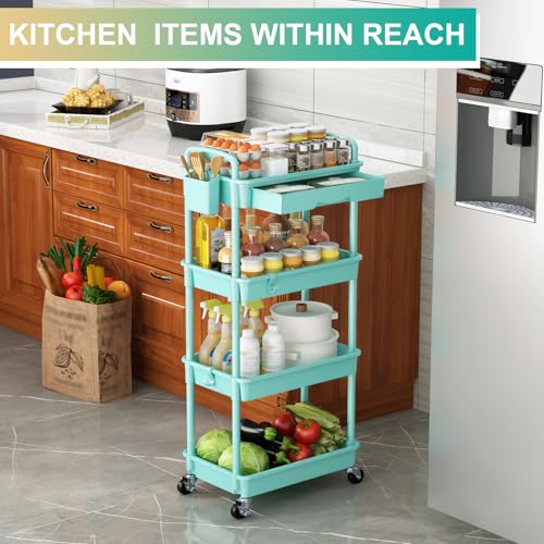 Goovilla 4 Tier Rolling Utility Cart Organizer with Removable Drawer, Blue | Stable and Sturdy Rolling Storage Carts with 2 Lockable Wheels for Bathroom, Kitchen, Snack, Craft, Makeup, Baby Essentials - size: 4 Tier, style: Blue