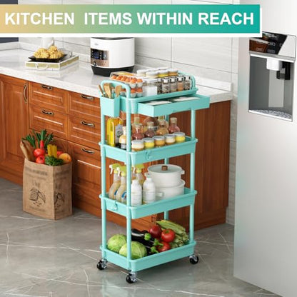 Goovilla 4 Tier Rolling Utility Cart Organizer with Removable Drawer, Blue | Stable and Sturdy Rolling Storage Carts with 2 Lockable Wheels for Bathroom, Kitchen, Snack, Craft, Makeup, Baby Essentials - size: 4 Tier, style: Blue