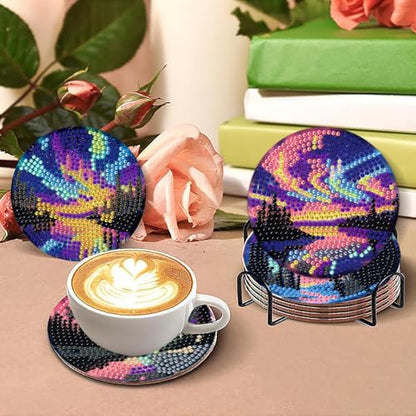 gganmtere 8P Aurora Diamond Art Coasters Kits, Landscape Diamond Painting Coasters Kits for Adults with Holder, DIY 5D Nature Scenery Diamond Dots Present - color: Jxbd121
