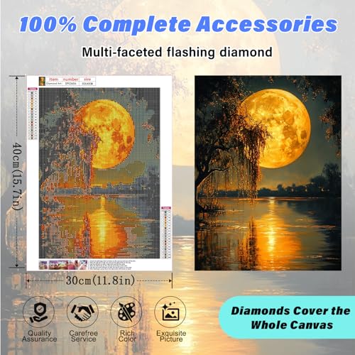 Moonlight Lakeside Diamond Art,A Romantic and Serene Golden Full Moon Diamond Art Kits for Adults Beginner,Gift for Mother 5D DIY Full Drill Diamond Painting Gem Art, Home Wall art (12x16 inch) - color: DP03656