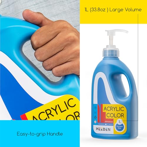 MEEDEN Cerulean Blue Acrylic Paint: 1 L /33.8 oz Satin Liquid Paint with Pump Lid - Soft Body Art Paints for Canvas, Studio, School, Wall & Poured Paintings - color: Cerulean Blue